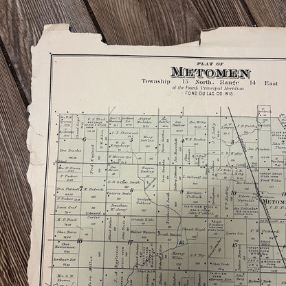 Antique 1893 Metomen Brandon Wisconsin Wis Plat Map Township