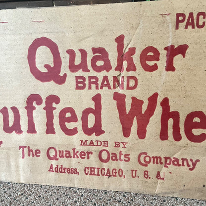 Antique 1910s Quaker Puffed Wheat Cereal Advertising Sign Cardboard Kitchen