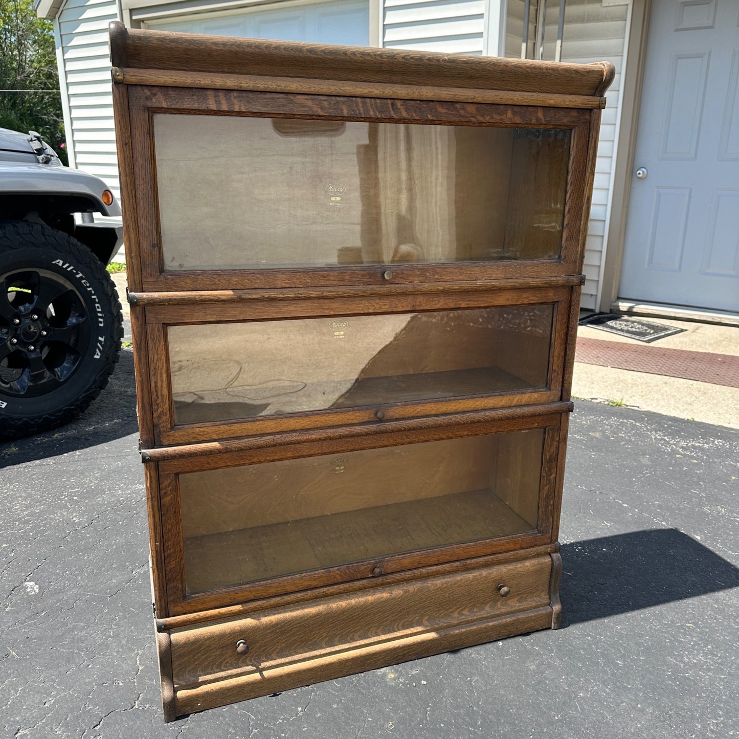 Vintage 3-Stack Macey Wooden Lawyer Barrister Bookcase Shelf w/ Glass Doors