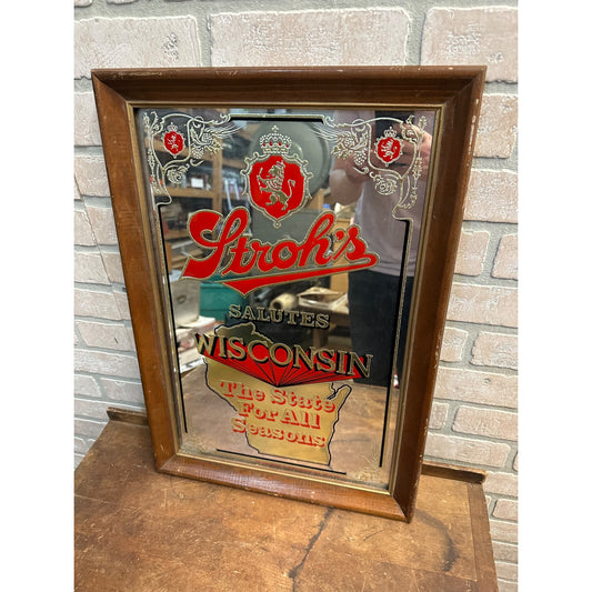 Vintage Stroh's Beer Wood Framed Bar Pub Mirror Advertising Sign Salutes Wisconsin