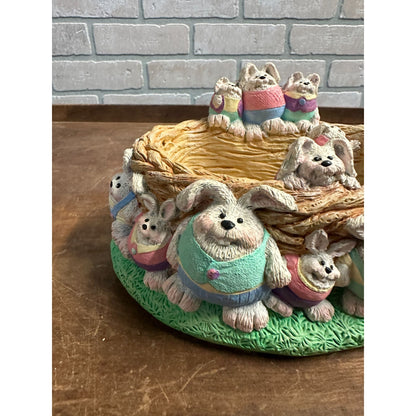 1992 Accents Unlimited Easter Planter Ceramic Rabbits Bunny Nest Basket