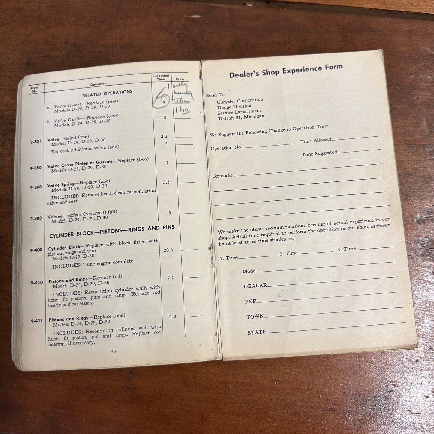 Vintage 1950 Dodge Passenger Car Service Operation Time Schedule Models D-24, D-29, D-30
