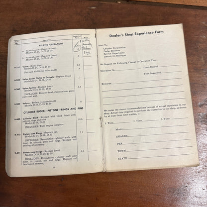 Vintage 1950 Dodge Passenger Car Service Operation Time Schedule Models D-24, D-29, D-30