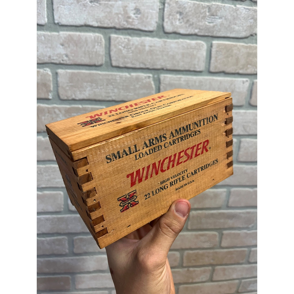 Winchester 500 Ammo 22 Long Rifle EMPTY Wooden Box Wood Case Dovetail Slide Top