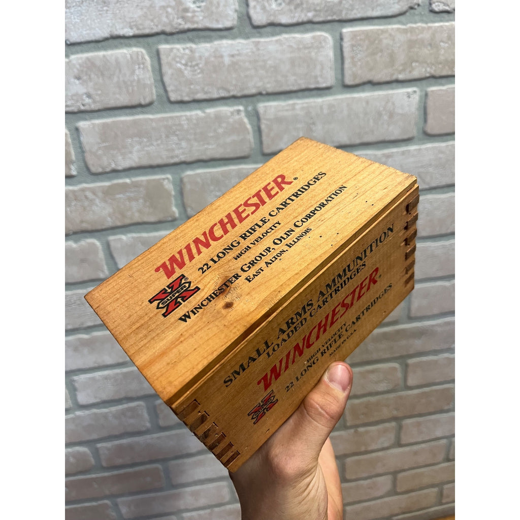 Winchester 500 Ammo 22 Long Rifle EMPTY Wooden Box Wood Case Dovetail Slide Top
