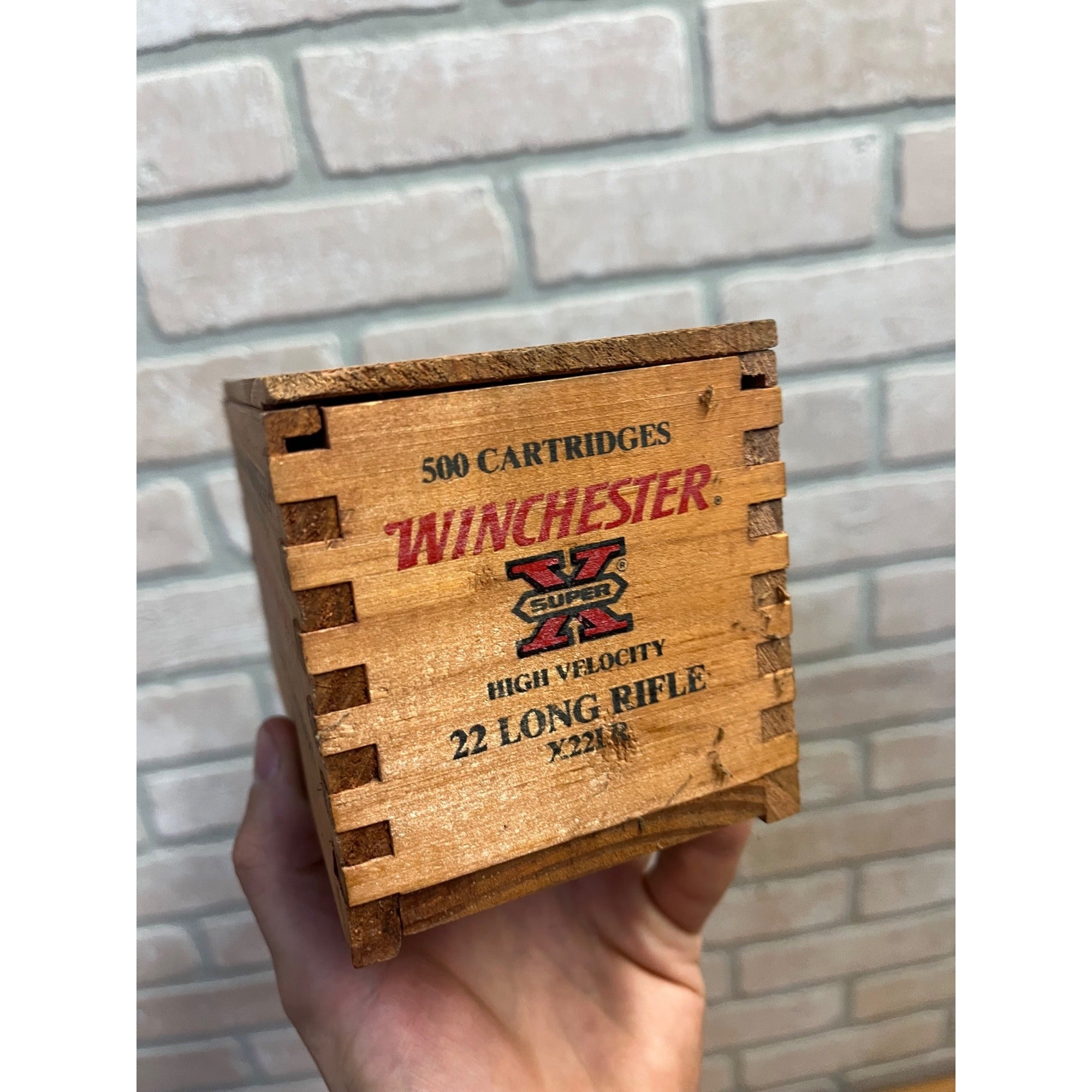 Winchester 500 Ammo 22 Long Rifle EMPTY Wooden Box Wood Case Dovetail Slide Top