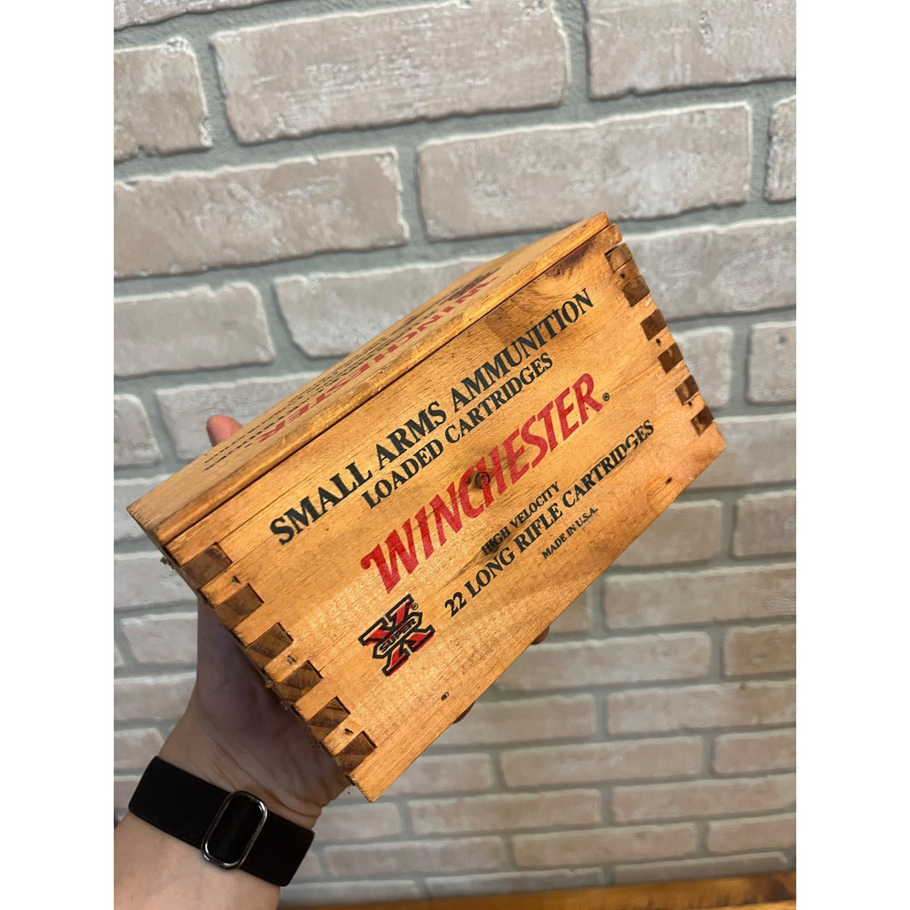 Winchester 500 Ammo 22 Long Rifle EMPTY Wooden Box Wood Case Dovetail Slide Top