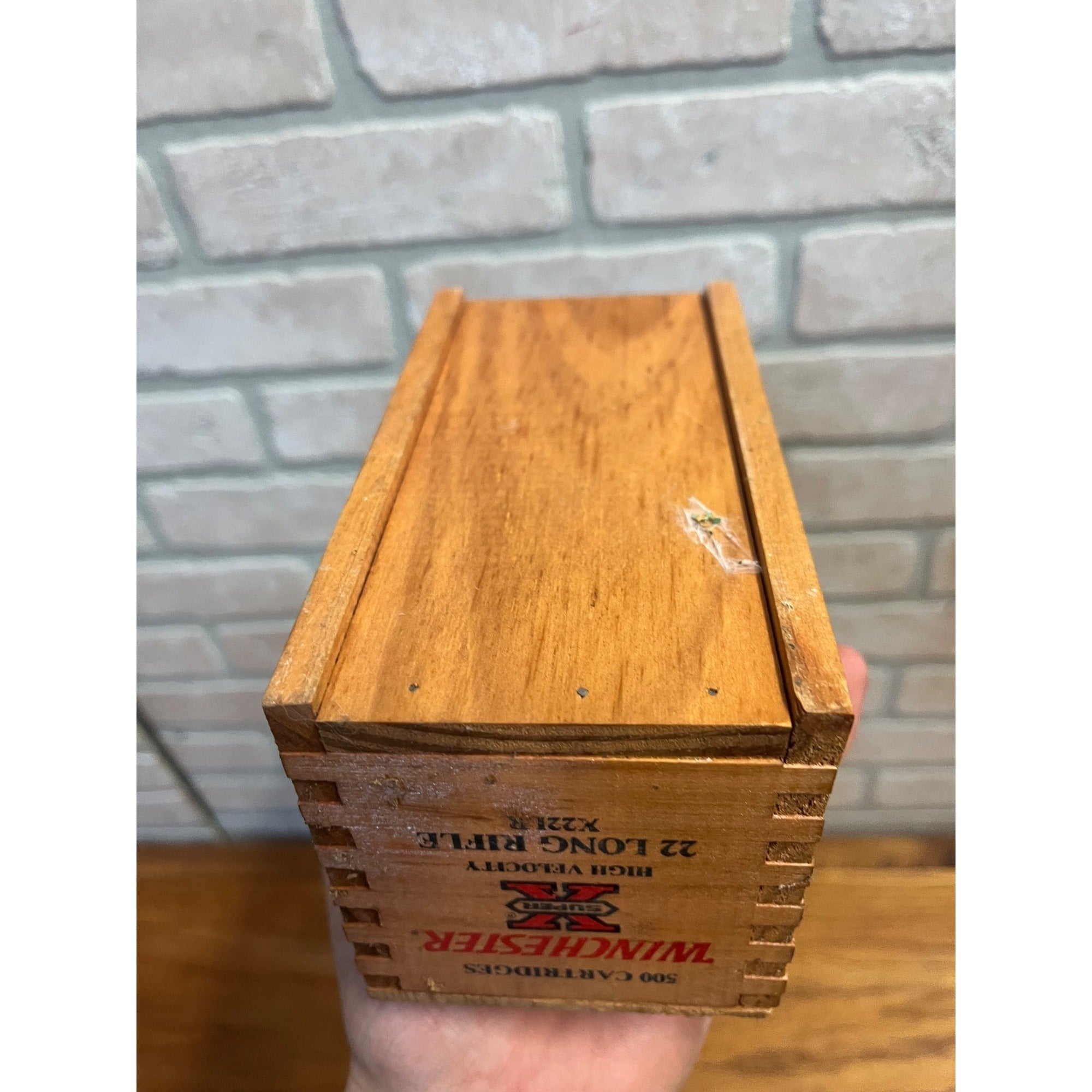 Winchester 500 Ammo 22 Long Rifle EMPTY Wooden Box Wood Case Dovetail Slide Top