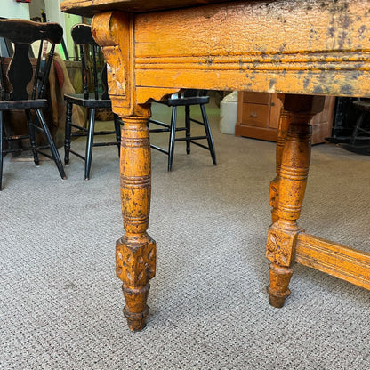 Antique Primitive Spoon Carved Wooden Dining Table Chippy Orange Paint