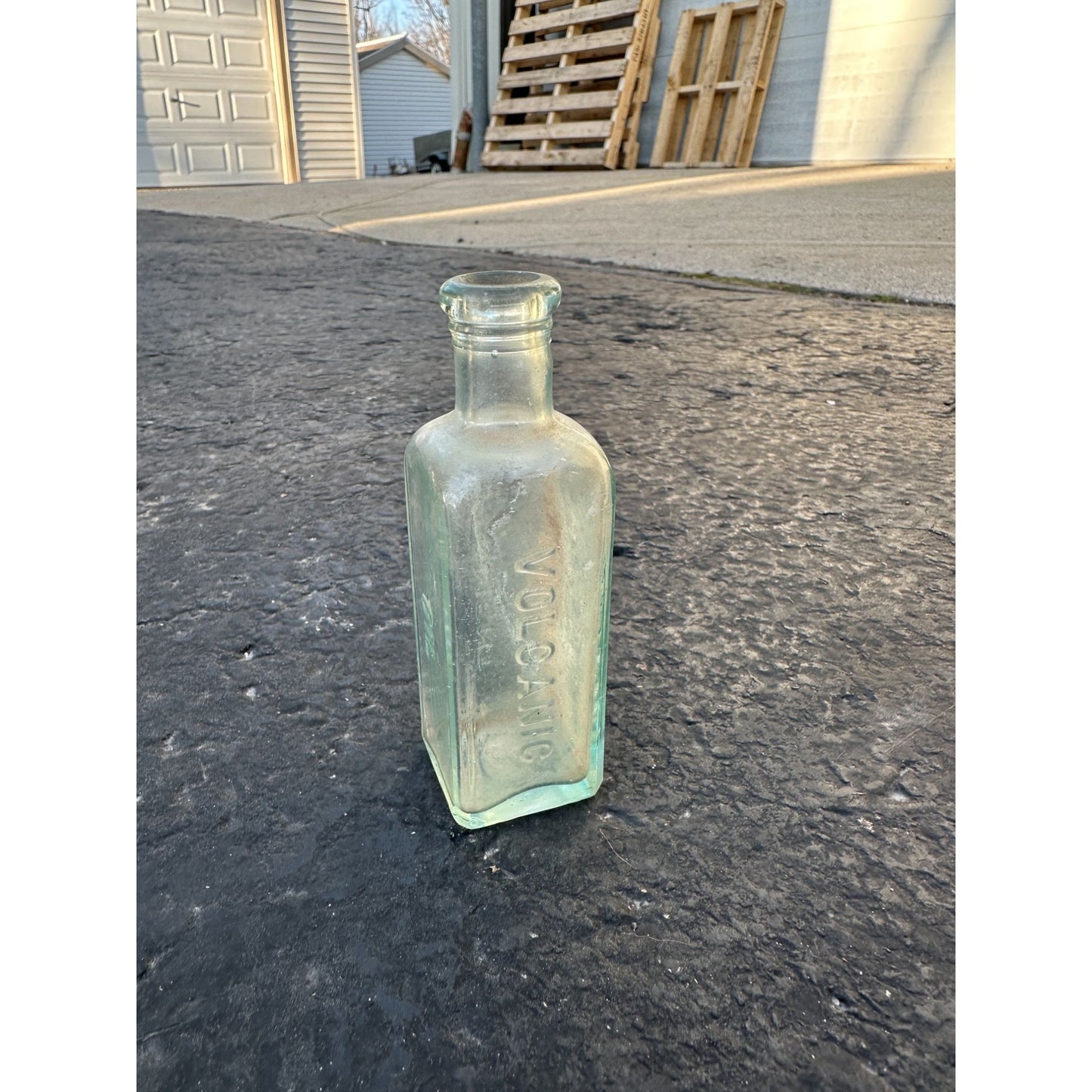 Antique Embossed McLeans Volcanic Liniment Oil Bottle Aqua Blue green