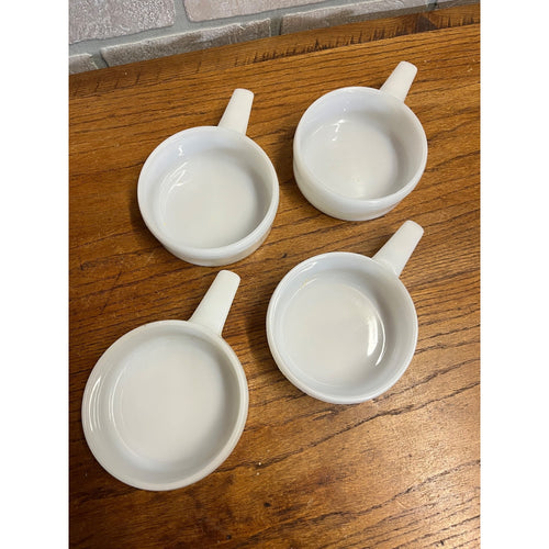Vintage Lot of 4 White Milk Glass Ovenware J-2639 with Handle Bowls 14 oz