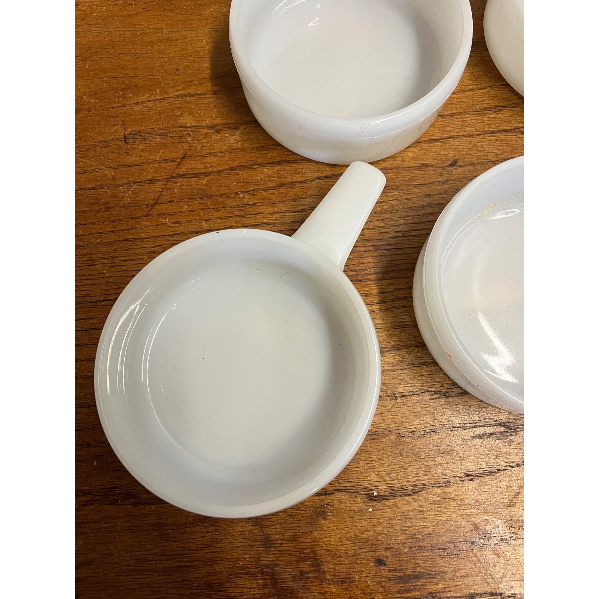 Vintage Lot of 4 White Milk Glass Ovenware J-2639 with Handle Bowls 14 oz