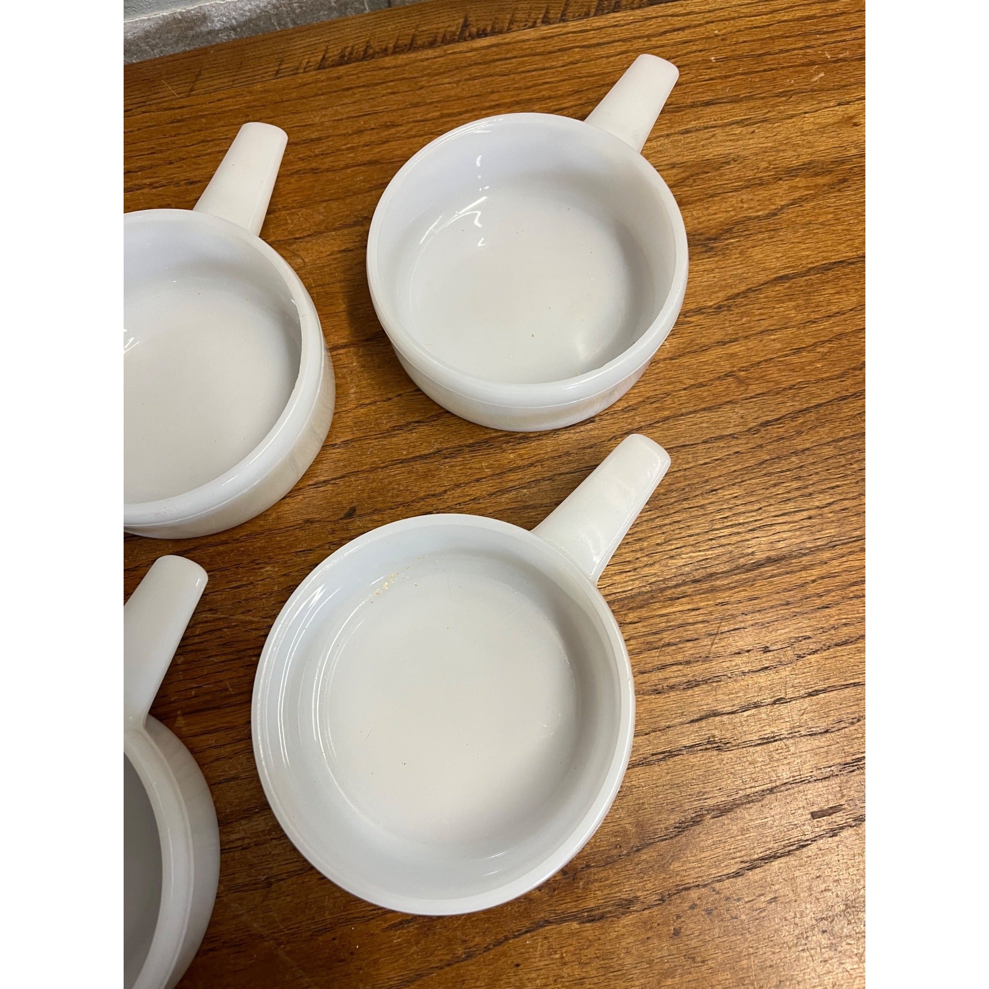 Vintage Lot of 4 White Milk Glass Ovenware J-2639 with Handle Bowls 14 oz