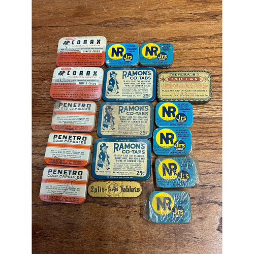 Vintage Drugstore Medicine Tin Lot Corax Ramon's Penetro NR Jr Tab-Lax Unopened