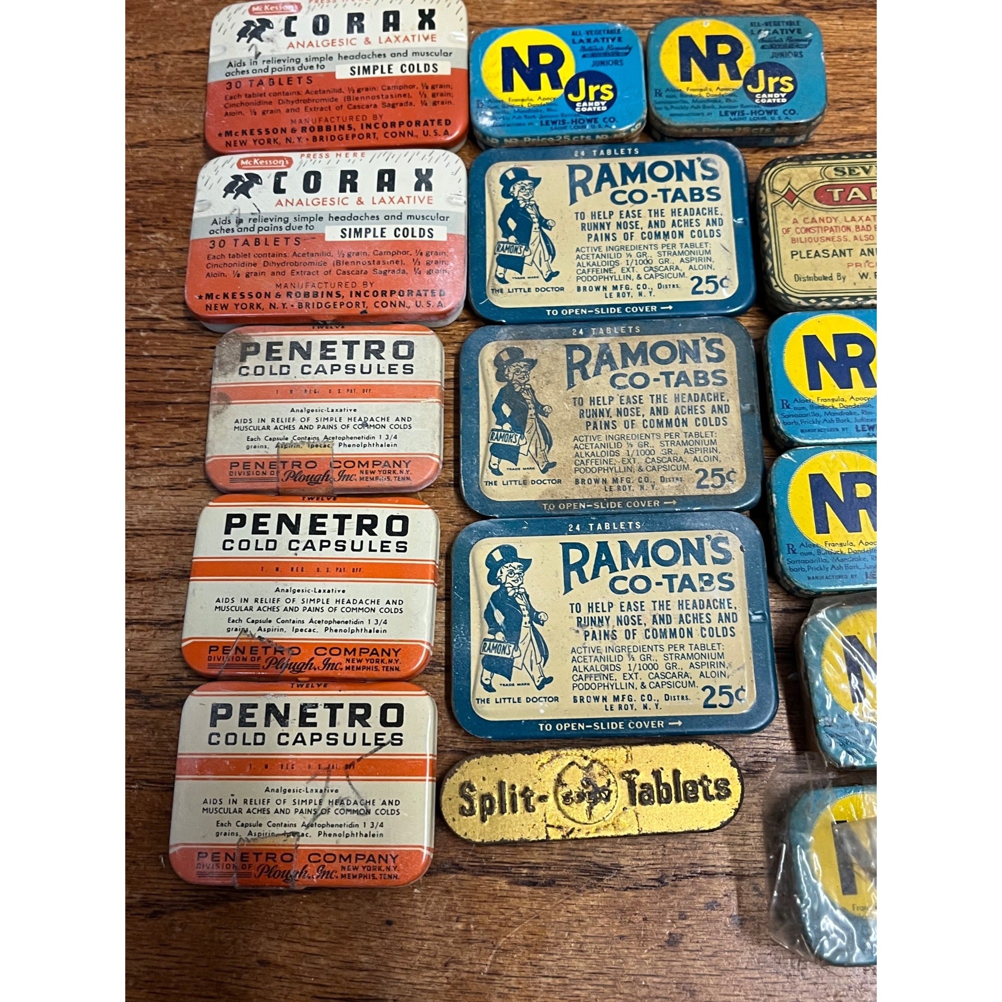Vintage Drugstore Medicine Tin Lot Corax Ramon's Penetro NR Jr Tab-Lax Unopened