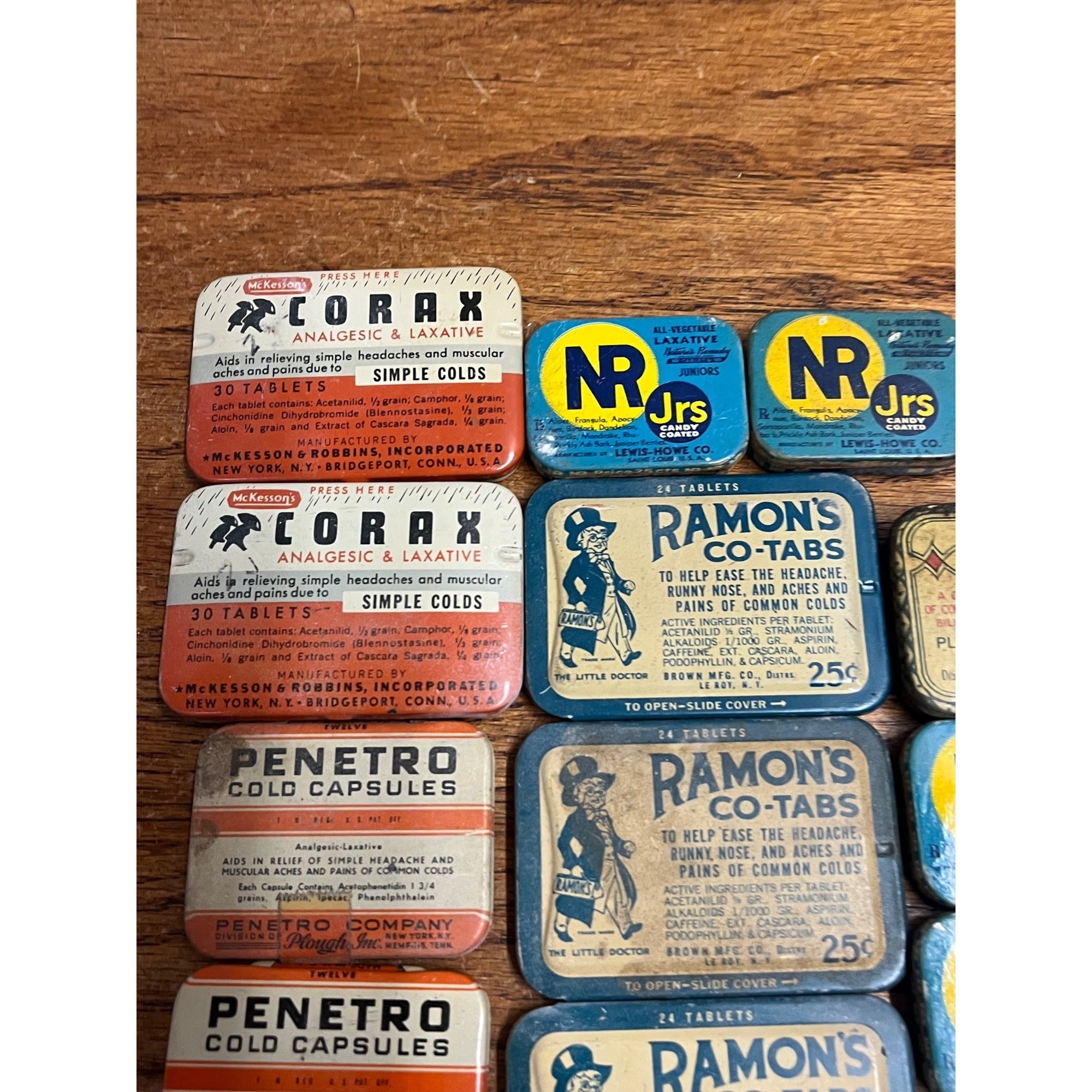 Vintage Drugstore Medicine Tin Lot Corax Ramon's Penetro NR Jr Tab-Lax Unopened