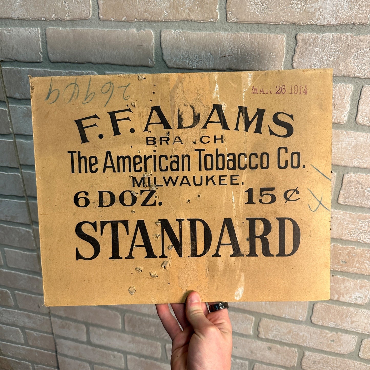 Antique 1914 FF Adams American Tobacco Co Milwaukee scarce cardboard sign