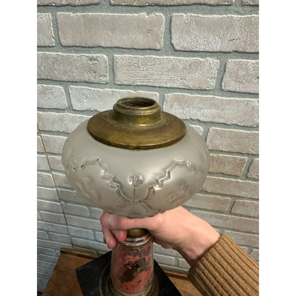 Antique Early 1900s Pedestal 12" Oil Kerosene Lamp Burner w/ Reverse Paint Glass