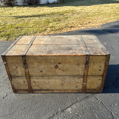 Antique Large Primitive Trunk Chest Gray Off-White Coffee Table Immigrant