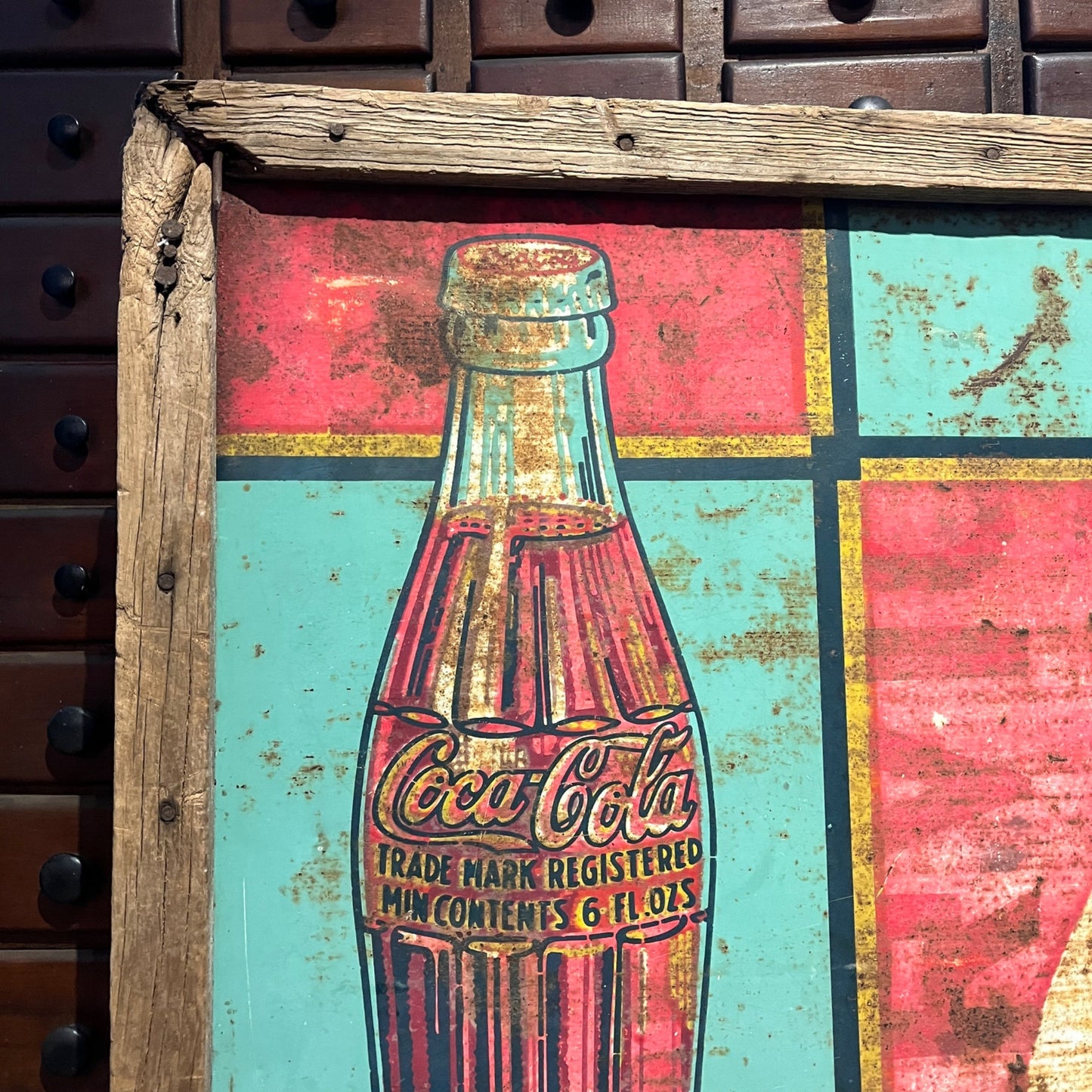 Antique Framed Coca-Cola Bottle Soda Pop Metal Sign Wood Frame