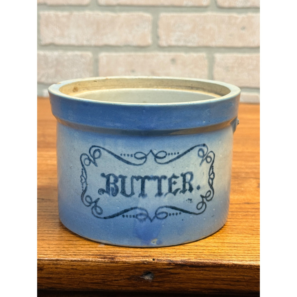 Antique Stoneware Butter Crock 1900s Blue Crock Pail Dish Kitchen Decor