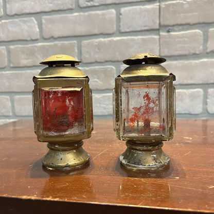 Antique Pair of Solid Glass 4" Candle Holder Lanterns Primitive Carriage Lamps