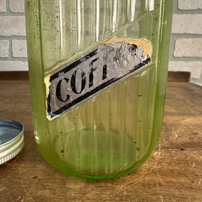 Antique 1920's Uranium Green Hoosier Canister Hocking Jar Coffee 8" Ribbed Glows