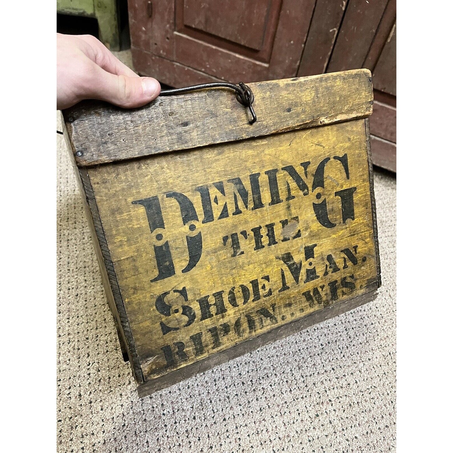 Antique Primitive Wooden Egg Crate Shoe Advertising Mustard Yellow Ripon Wis