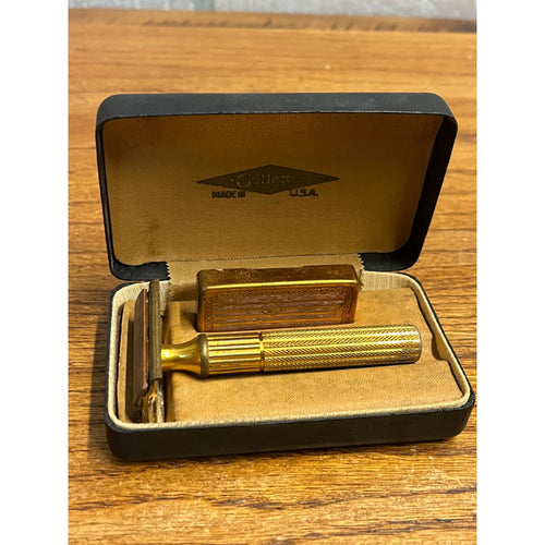 Vintage 1940's Gold Tech Gillette Fat Handle Safety Razor Case & Blade Holder