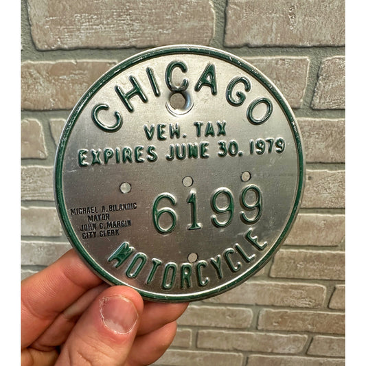 Vintage 1979 Chicago Motorcycle Vehicle Tax Tag Embossed Sign