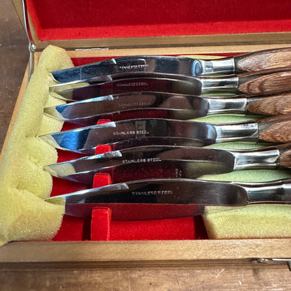 VTG MCM FASHION MANOR CENTURY MODERN WOODEN WOOD 6PC STEAK KNIVES IN BOX NOS