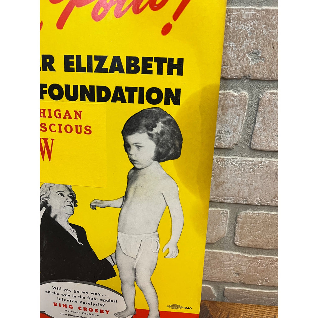Vintage 1950s Sock Polio Fundraiser Advertising Sign w/ Bing Crosby Michigan