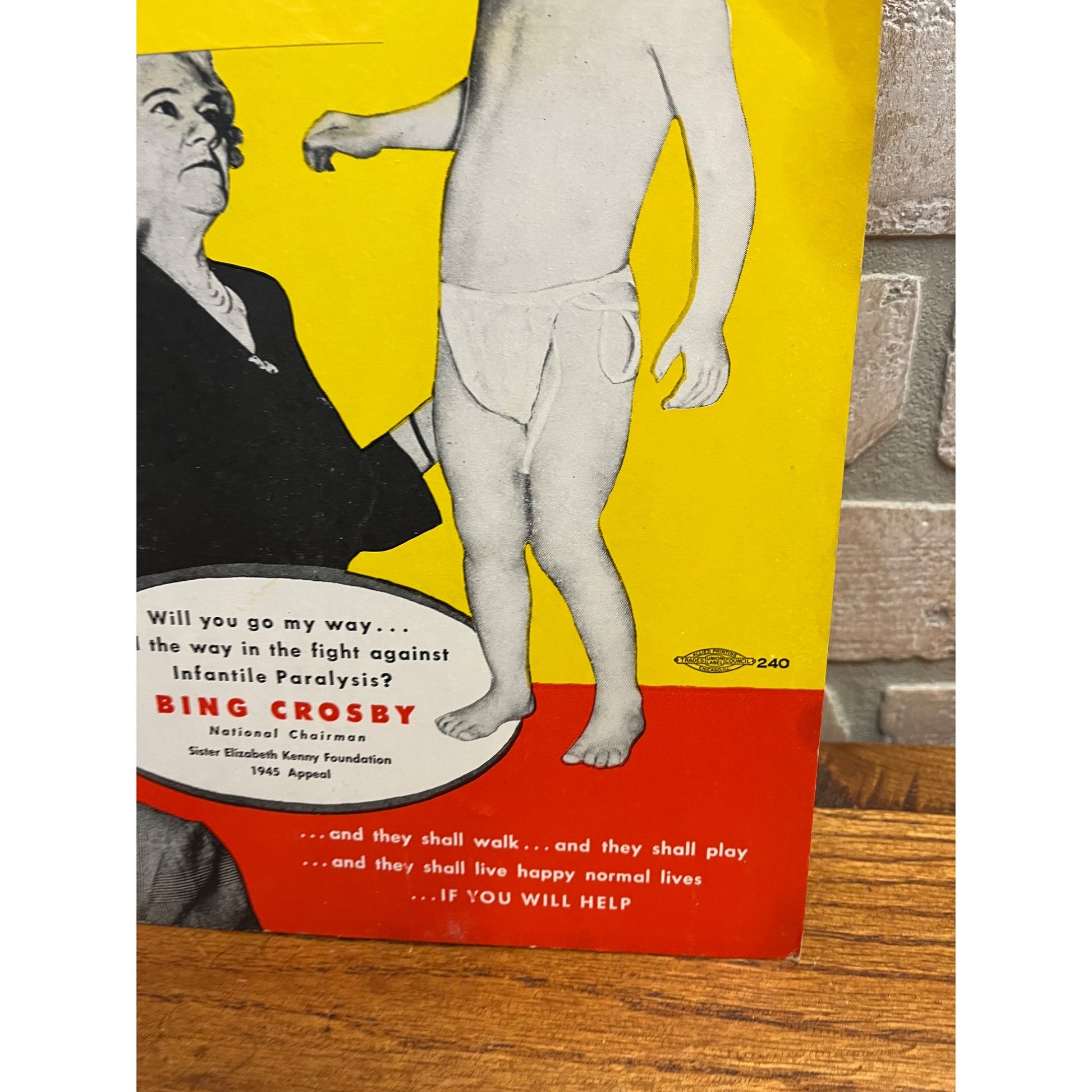 Vintage 1950s Sock Polio Fundraiser Advertising Sign w/ Bing Crosby Michigan