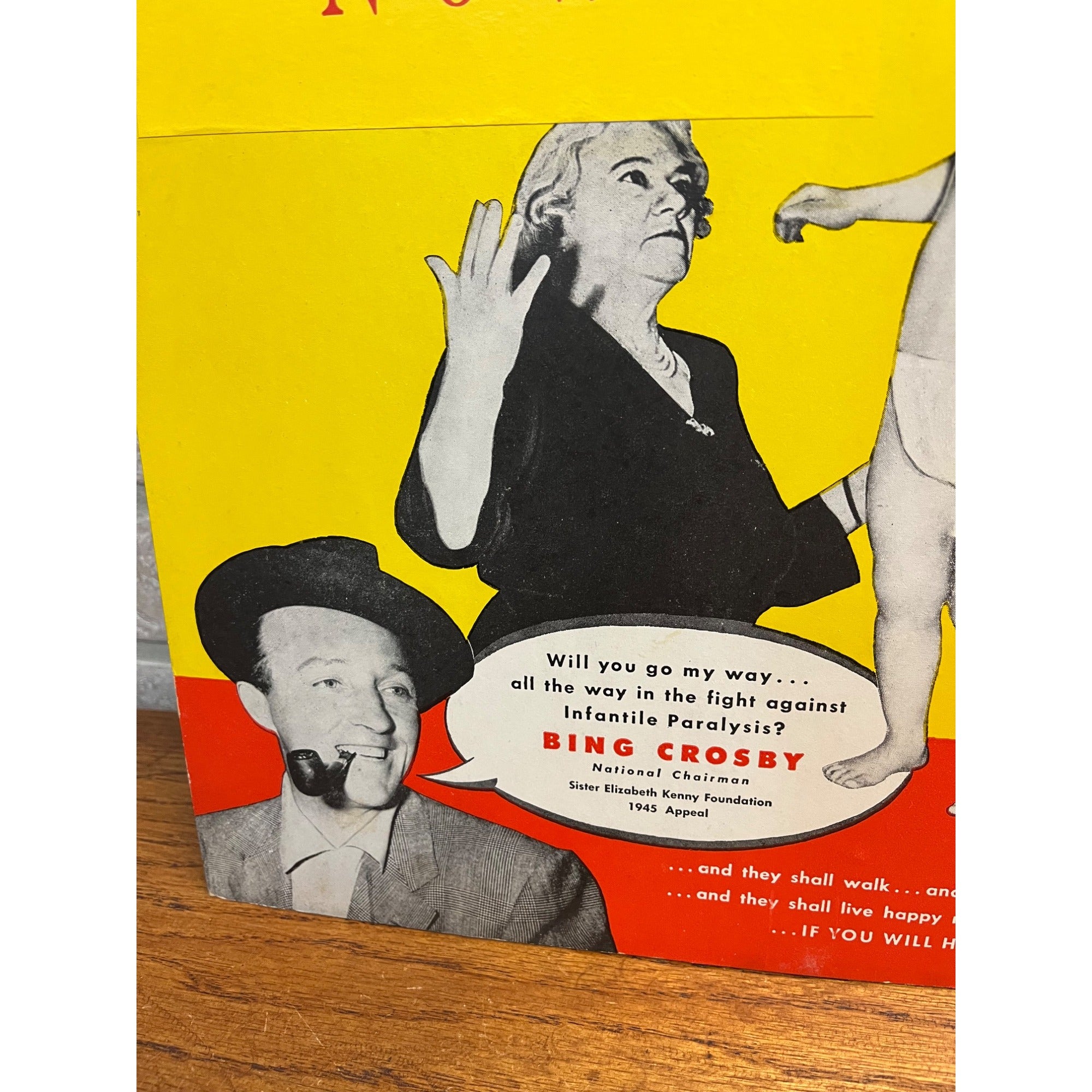 Vintage 1950s Sock Polio Fundraiser Advertising Sign w/ Bing Crosby Michigan