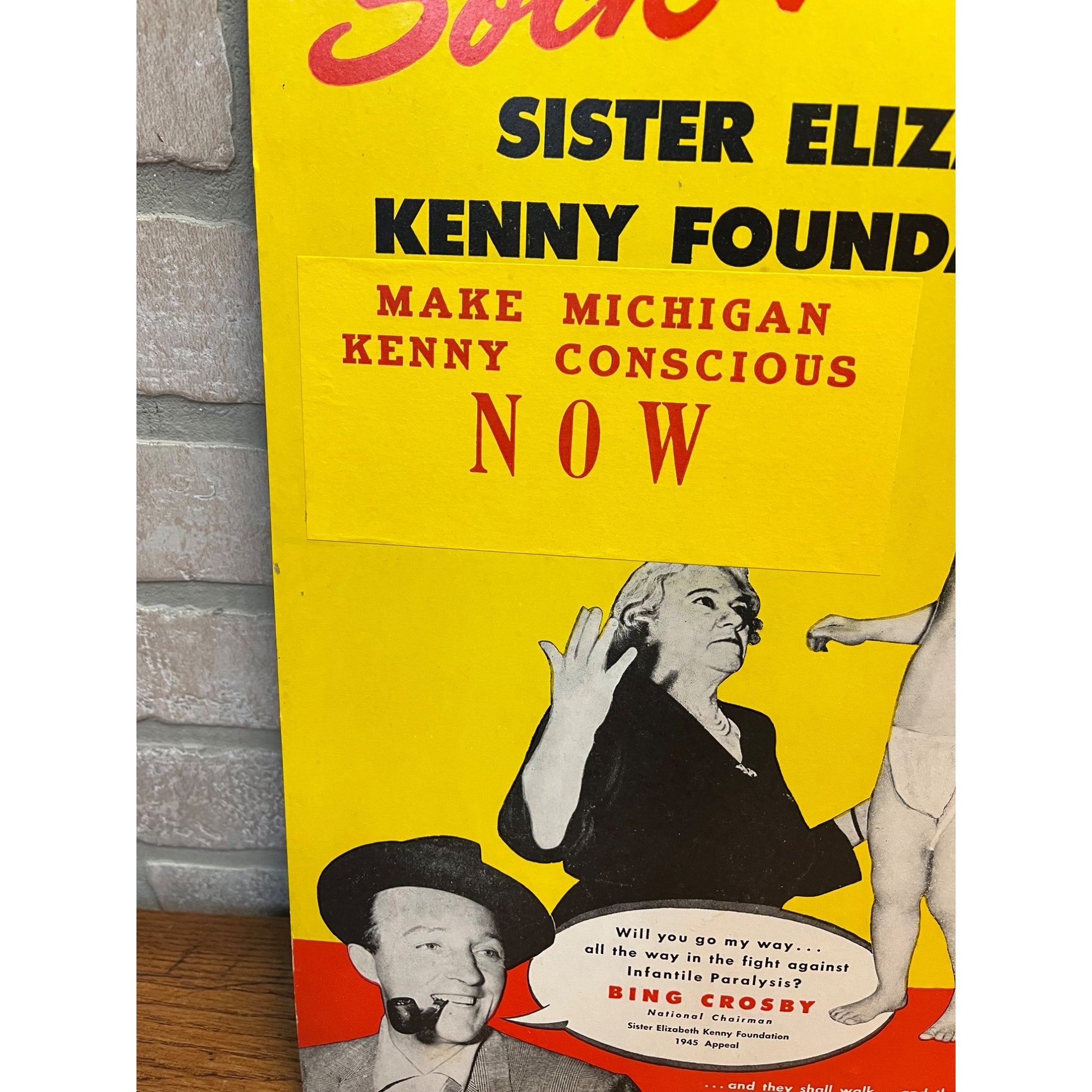 Vintage 1950s Sock Polio Fundraiser Advertising Sign w/ Bing Crosby Michigan