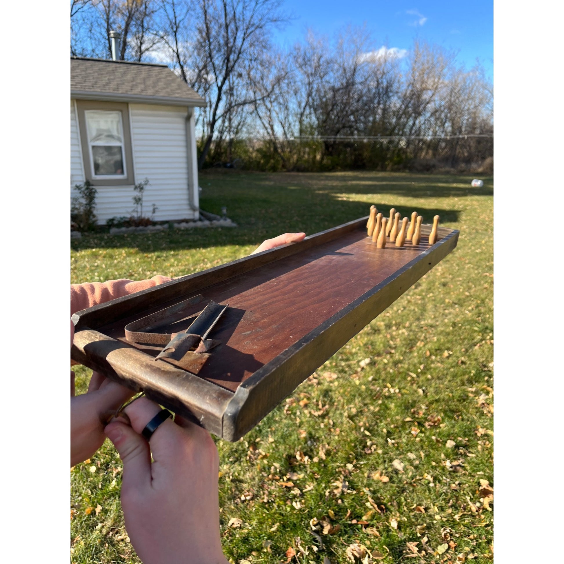 RARE Antique c1920s Wooden Bowling Alley Game 10-Pin  Ball Shooter