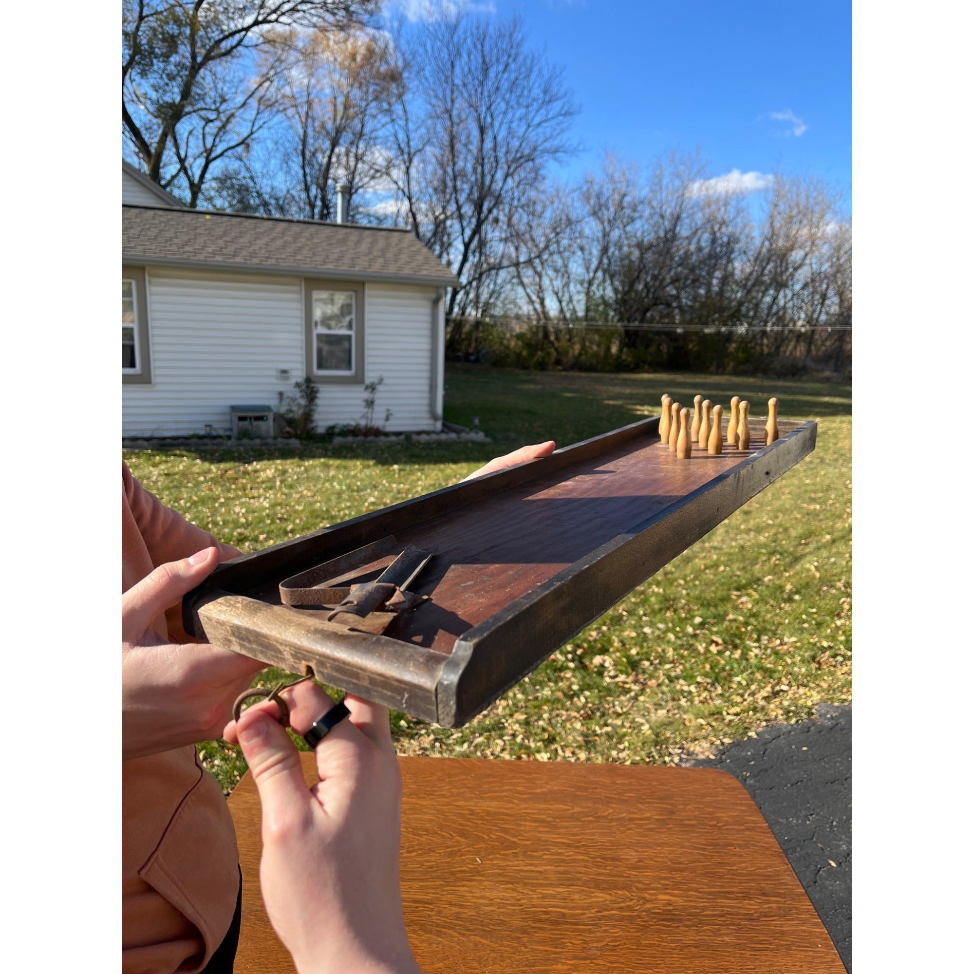 RARE Antique c1920s Wooden Bowling Alley Game 10-Pin  Ball Shooter