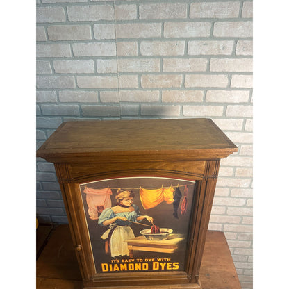 Vintage Diamond Dyes Advertising Oak Wooden Cabinet w/ Repro Sign