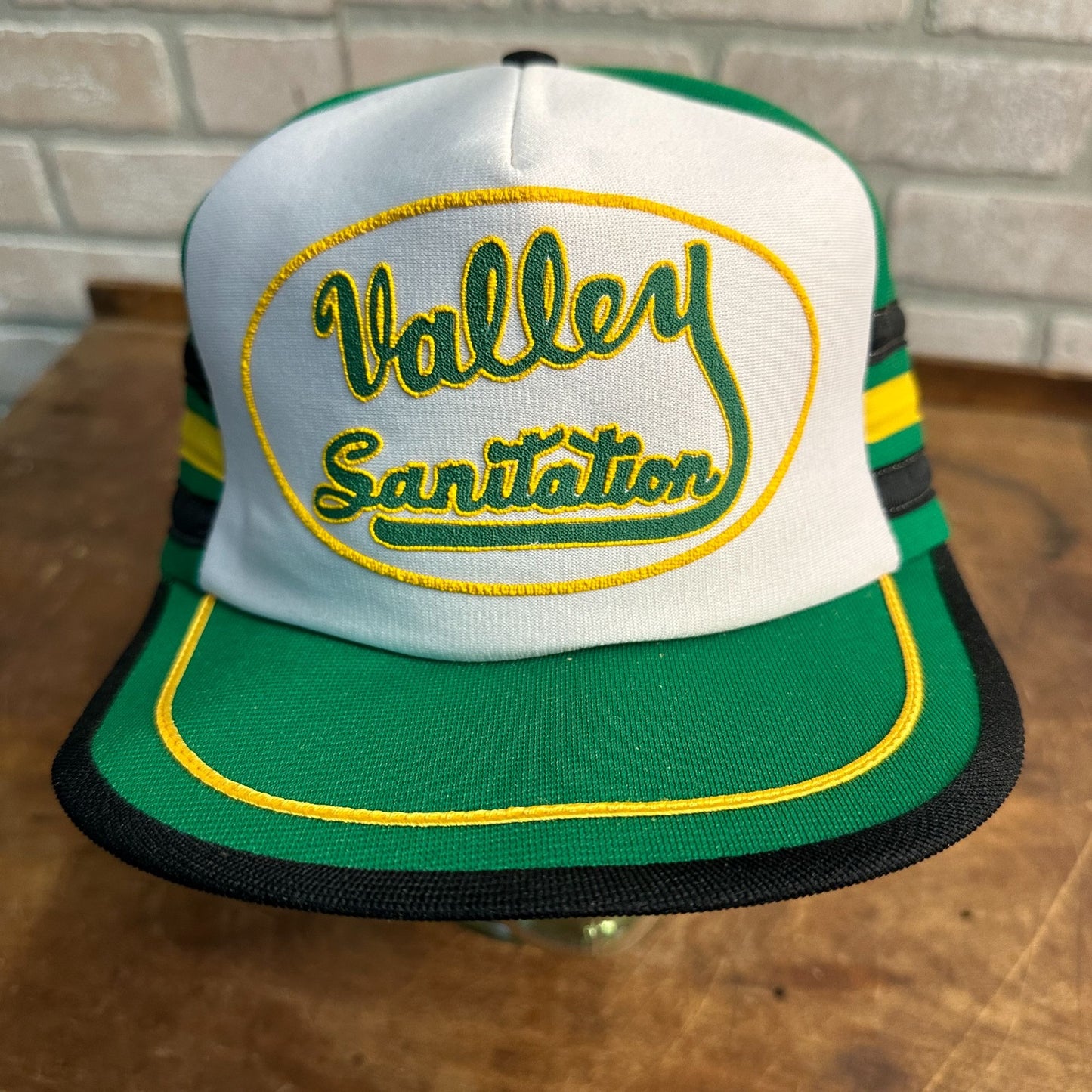 VINTAGE USA THREE STRIPE VALLEY SANITATION TRUCK GREEN RETRO SNAPBACK HAT