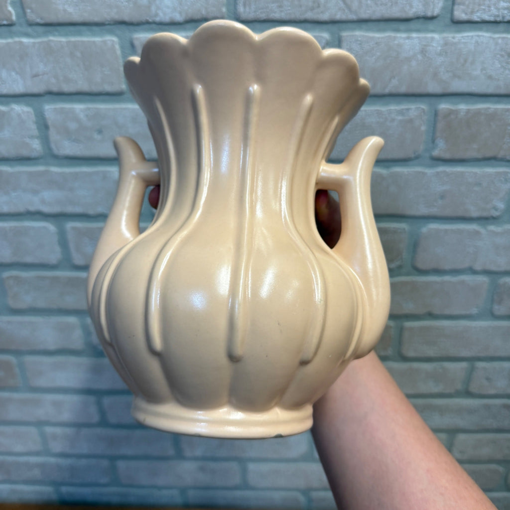 Vintage Art Pottery Double Handled Vase Rumrill H-49 Cream Ribbed Ceramic