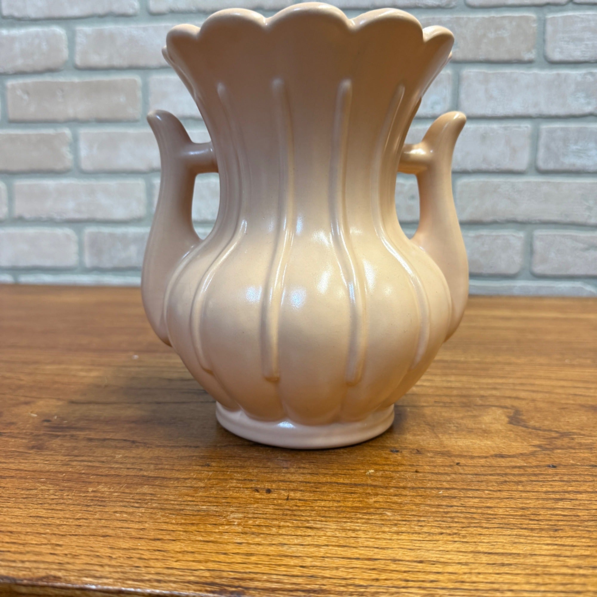 Vintage Art Pottery Double Handled Vase Rumrill H-49 Cream Ribbed Ceramic