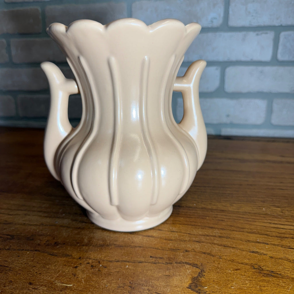Vintage Art Pottery Double Handled Vase Rumrill H-49 Cream Ribbed Ceramic