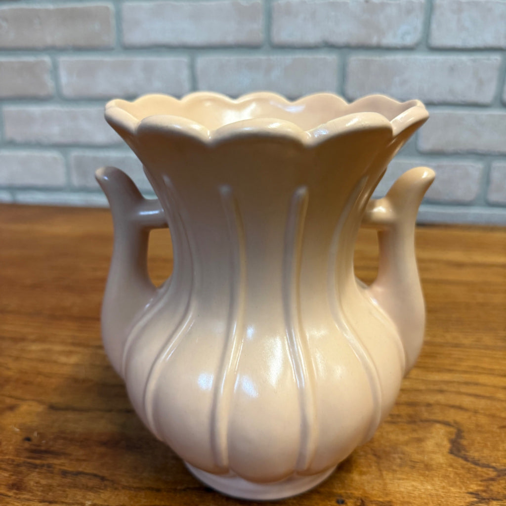 Vintage Art Pottery Double Handled Vase Rumrill H-49 Cream Ribbed Ceramic
