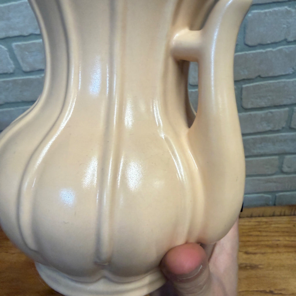 Vintage Art Pottery Double Handled Vase Rumrill H-49 Cream Ribbed Ceramic