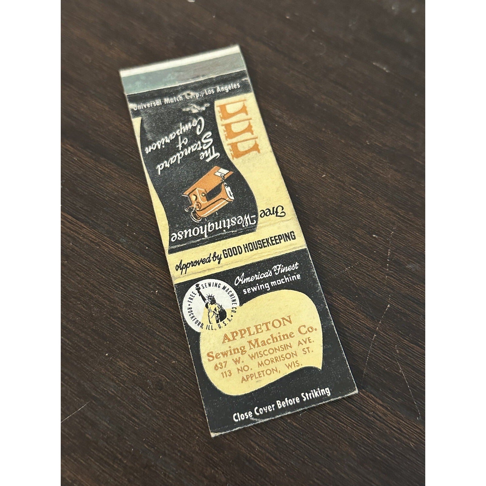 Vintage 1940s Appleton Sewing Machine Co. Advertising Matchbook Wis Westinghouse