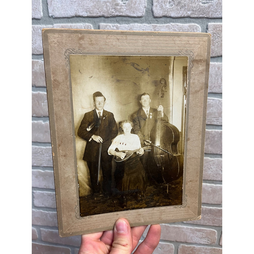 Antique Cabinet Photo Family Musicians Ukelele, Cello, Violin Instruments Vintage