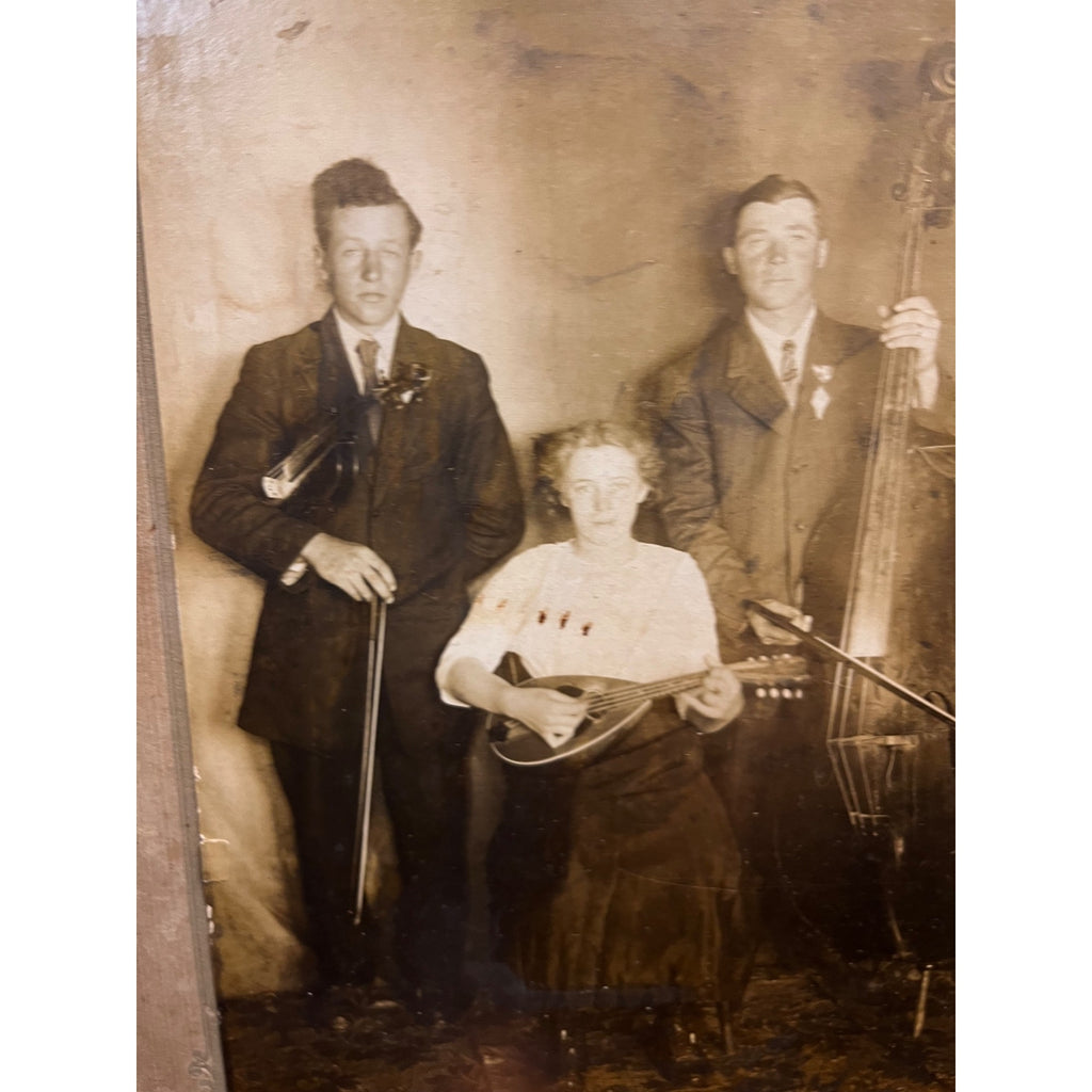 Antique Cabinet Photo Family Musicians Ukelele, Cello, Violin Instruments Vintage
