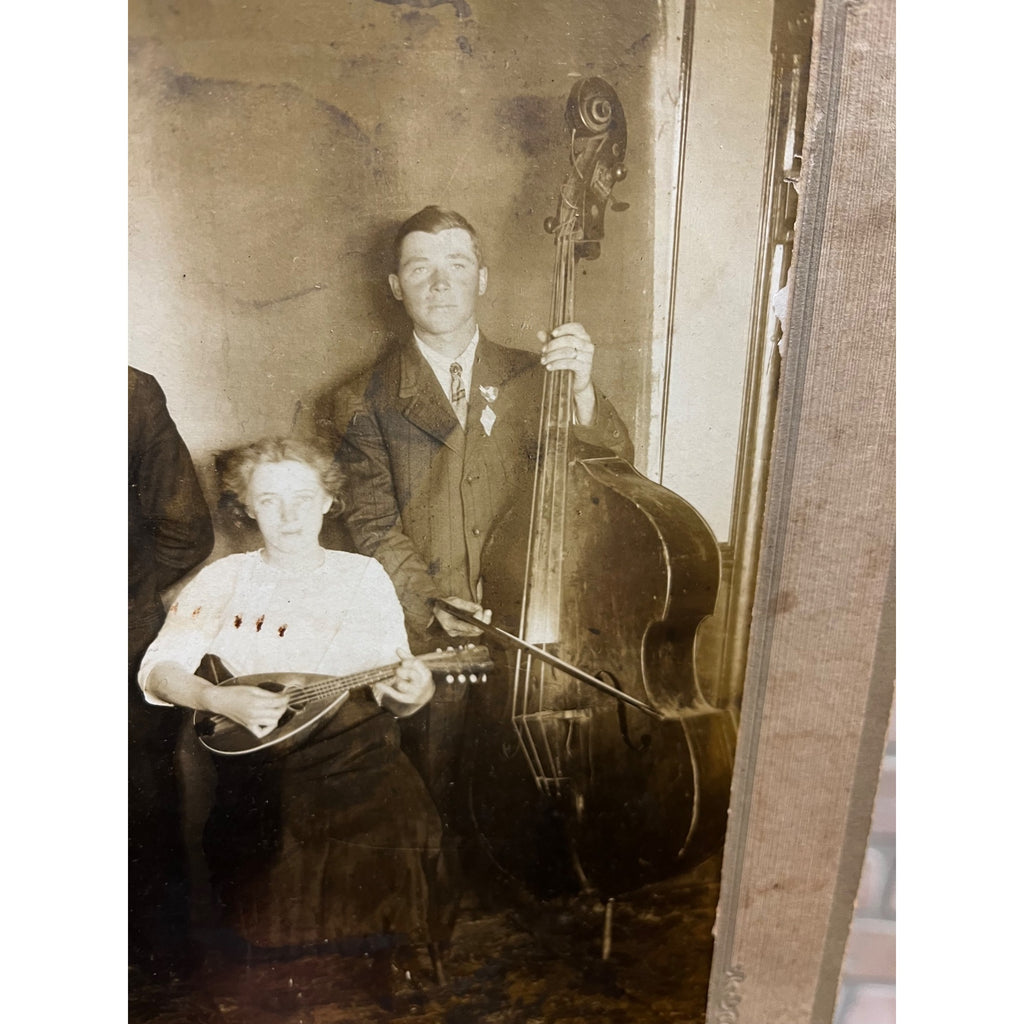Antique Cabinet Photo Family Musicians Ukelele, Cello, Violin Instruments Vintage
