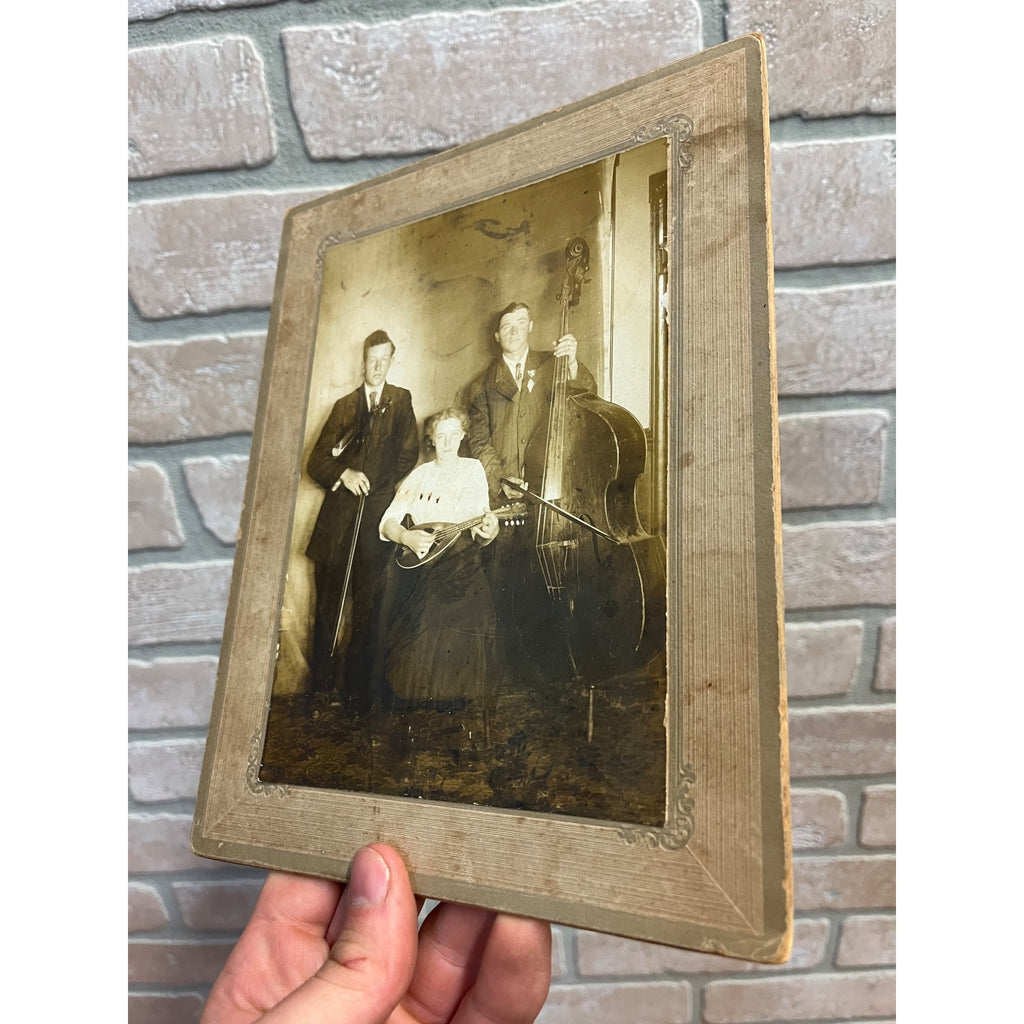 Antique Cabinet Photo Family Musicians Ukelele, Cello, Violin Instruments Vintage