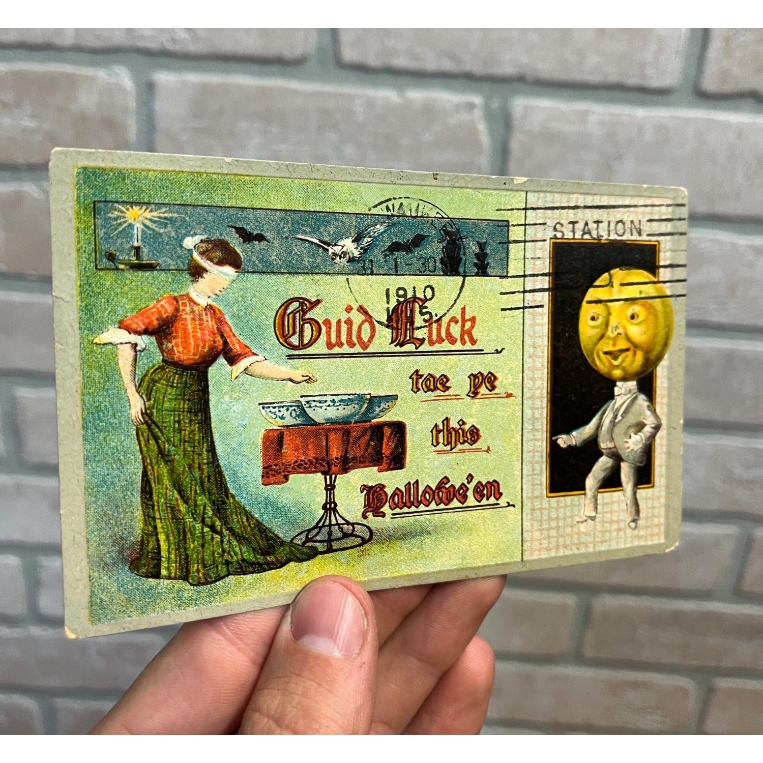 HALLOWEEN JOL Man & Blindfolded Gal vintage Gottschalk 2243 embossed Postcard